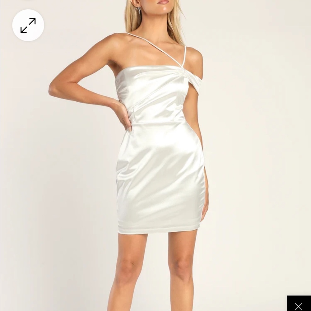 NWT LuLu’s Celebration of Love White Satin One-Shoulder Bodycon Mini Dress. Sz S